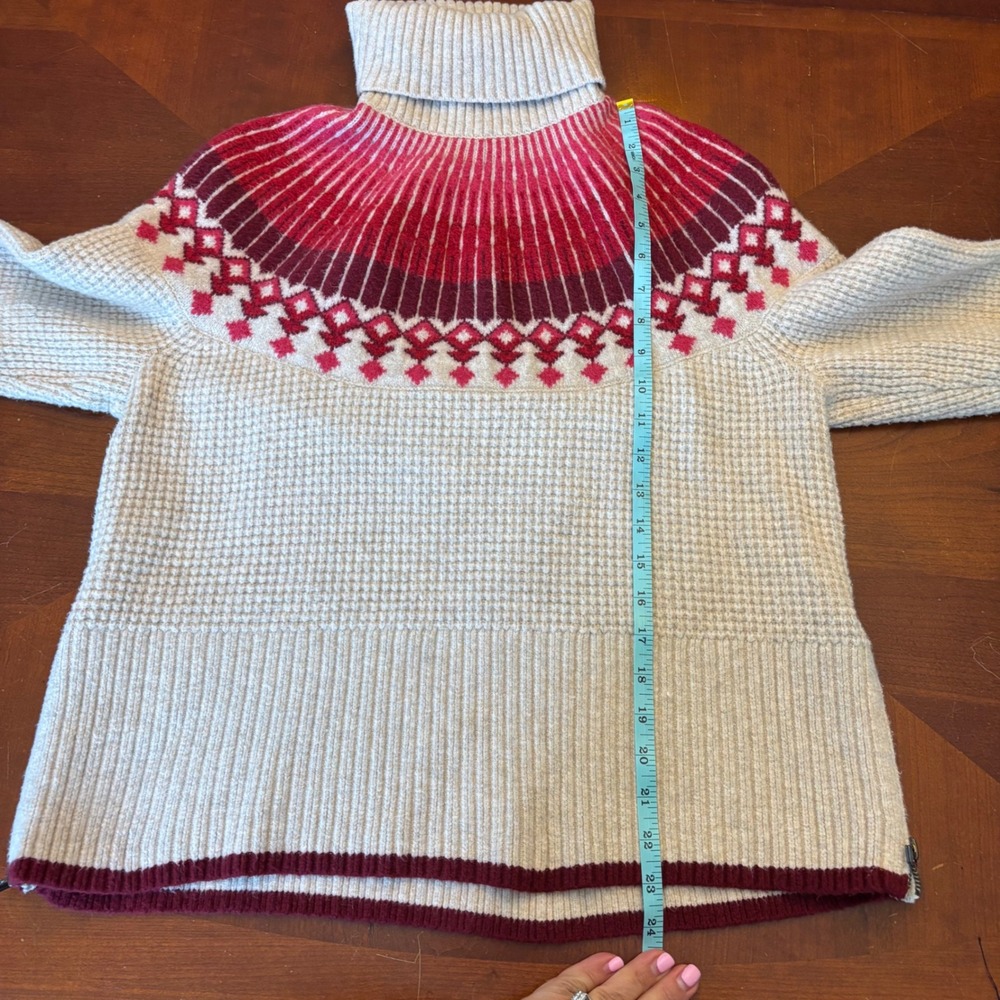 LL‎ Bean Womens Large Petite Fair Isle Turtleneck Sweater Waffle Knit Red Cream - Picture 8 of 13